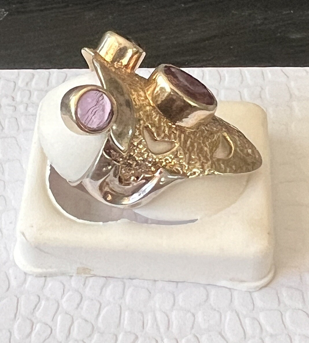 Unique Artisan Signed Yes Two Toned Sterling 925 Amethyst Garnet Wide Band Ring