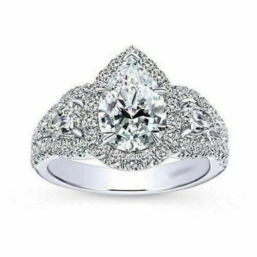 2.00Ct Lab Created Pear Shape Diamond Halo Wedding Ring 14K White Gold Over