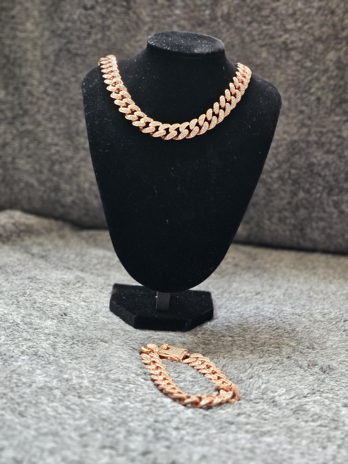 Rose Gold Tone Cuban Link Necklace & Bracelet Jewelry Set w/ Clear CZ
