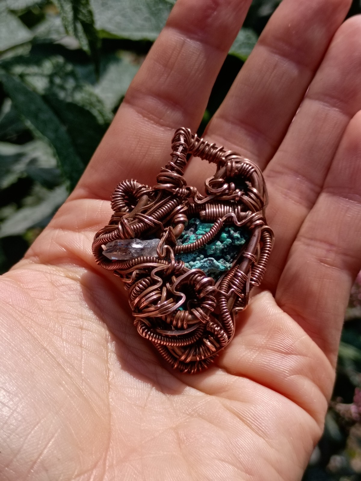 Handcrafted Wire Wrapped Natural Chrysocolla Apatite Copper Amulet Pendant