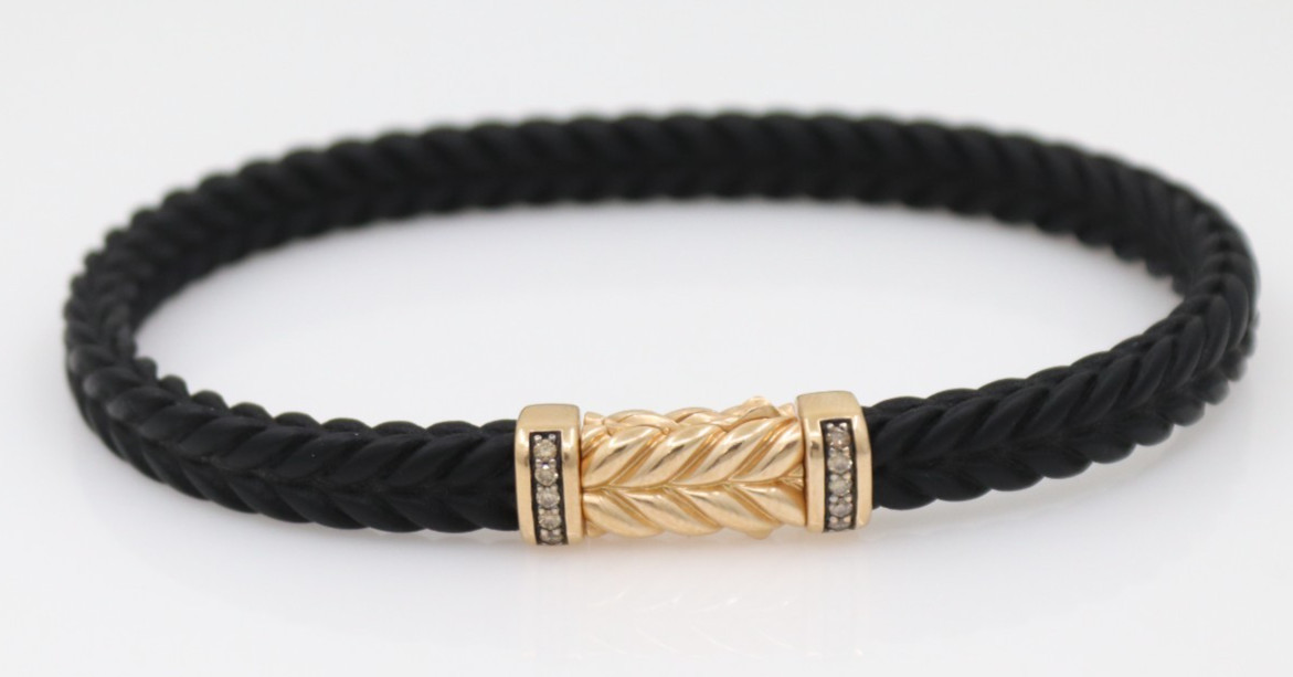 David Yurman 18K Rose Gold & Cognac Diamonds 6mm Chevron Black Rubber Bracelet