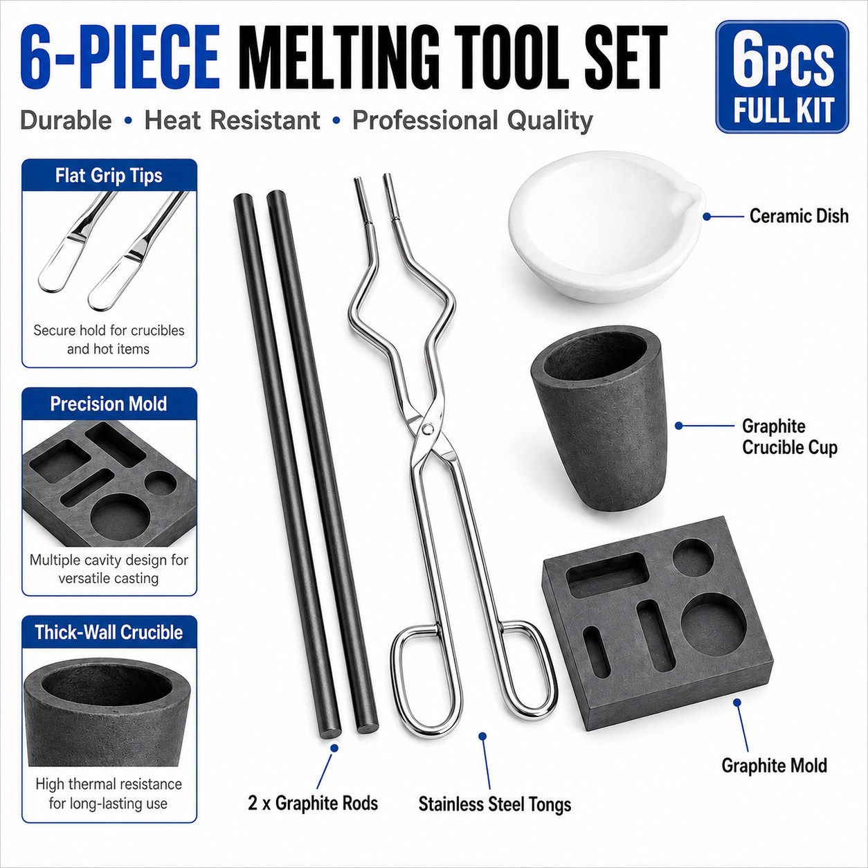 6PCS Graphite Ingot Casting Mold Kit for Gold Silver Copper Refining Melting