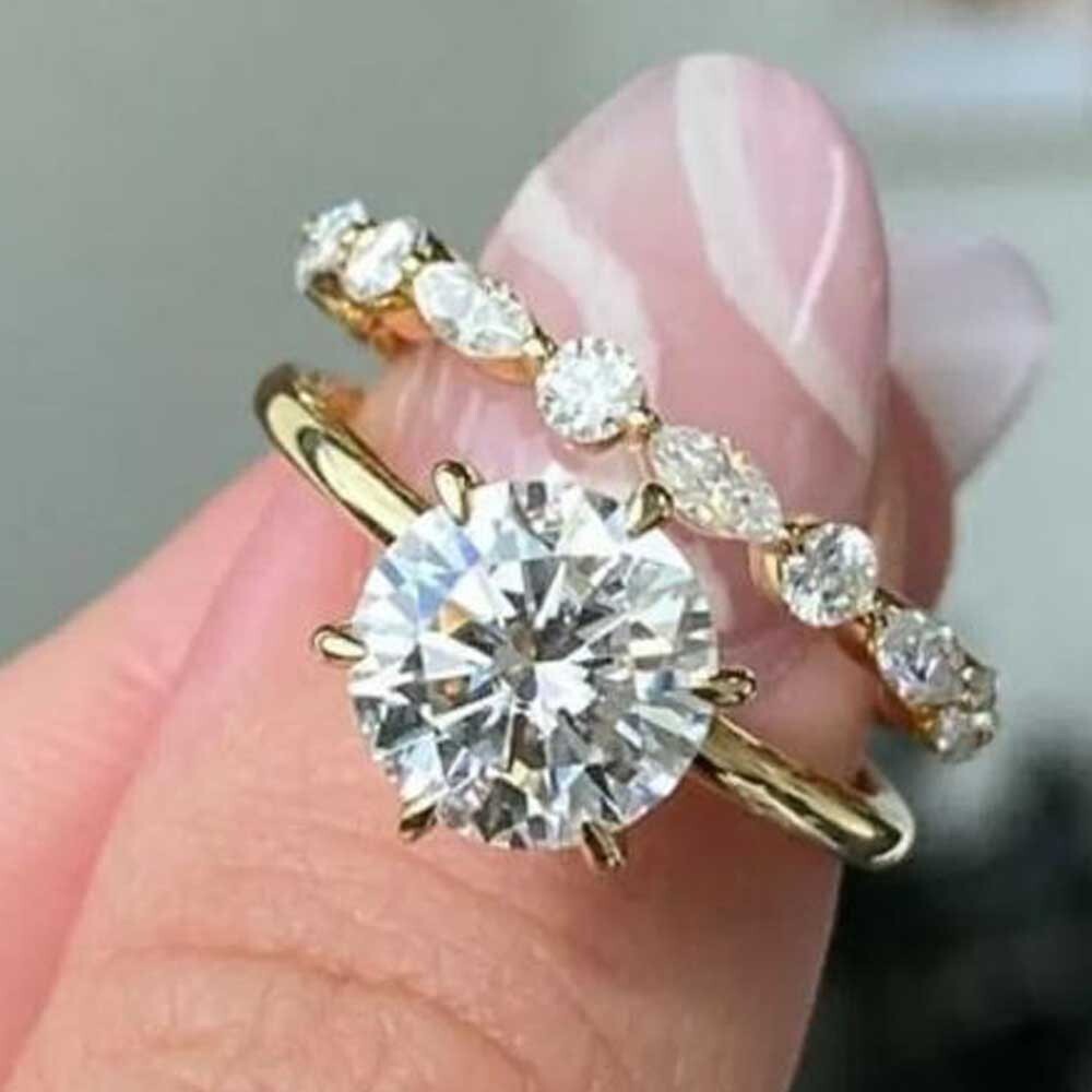 14K Yellow Gold Finish 3.48 Ctw Round Cut Created Diamond Engagement Ring Set