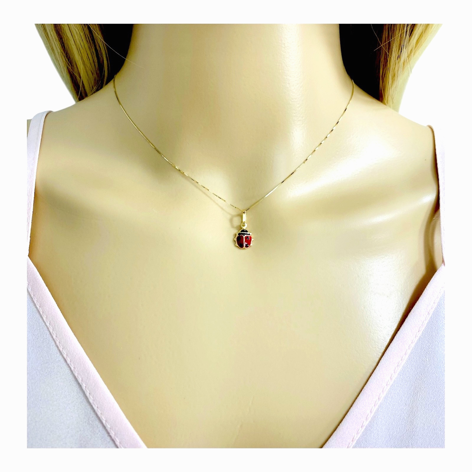 14K Solid Yellow Gold Ladybug Lucky Pendant Necklace – 0.5mm Box Chain- PT505