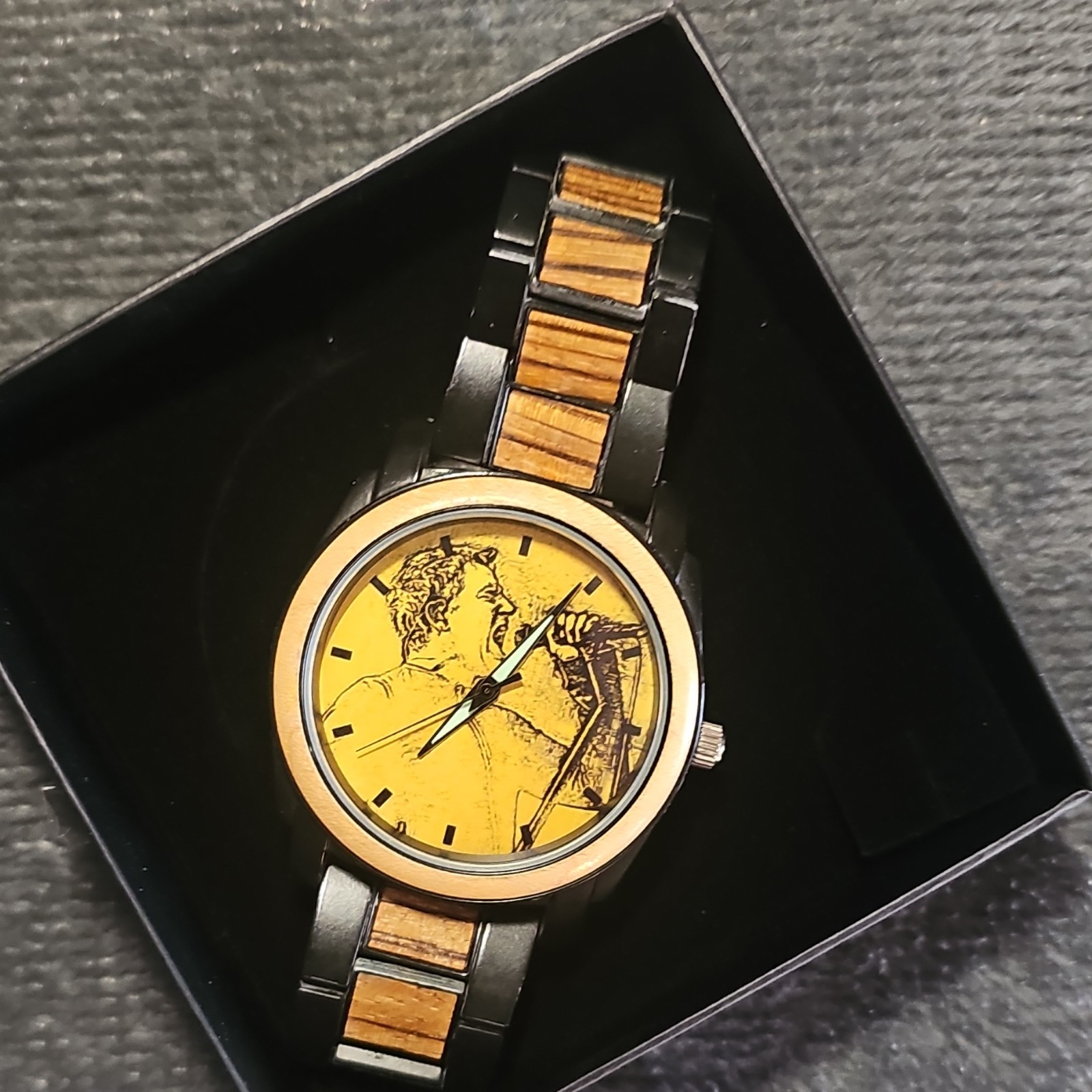 Wood & Metal Wristwatch Analog Yellow Dial Black Brown Band Stick Indexes