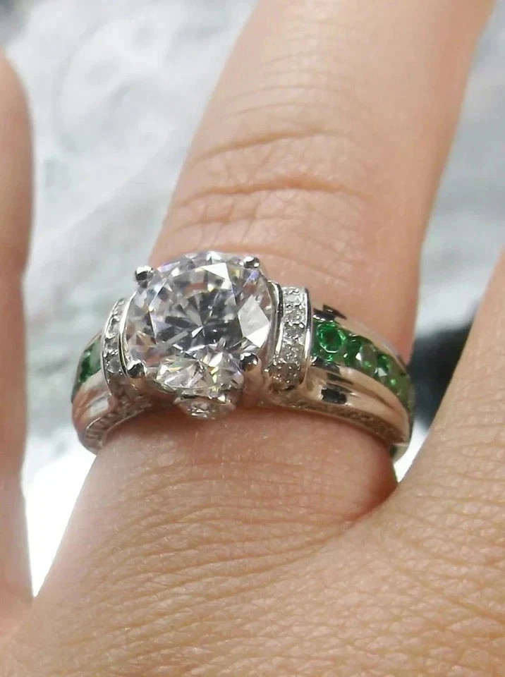 Art Deco Style Lab Created Diamond Emerald Engagement 14K White Gold Finish Ring