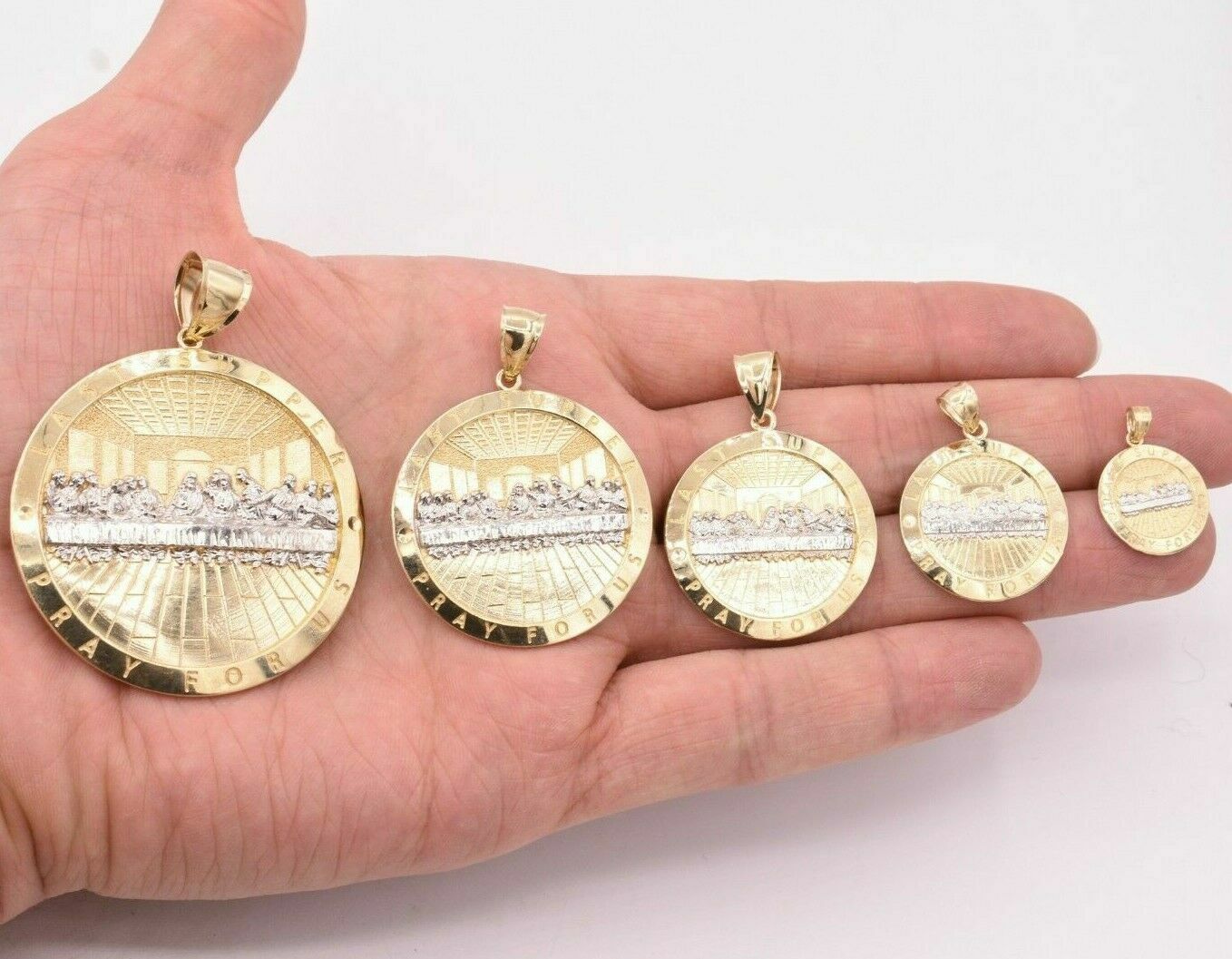 Mens Apostles Last Supper Charm Pendant Diamond Cut Real 10K Yellow White Gold