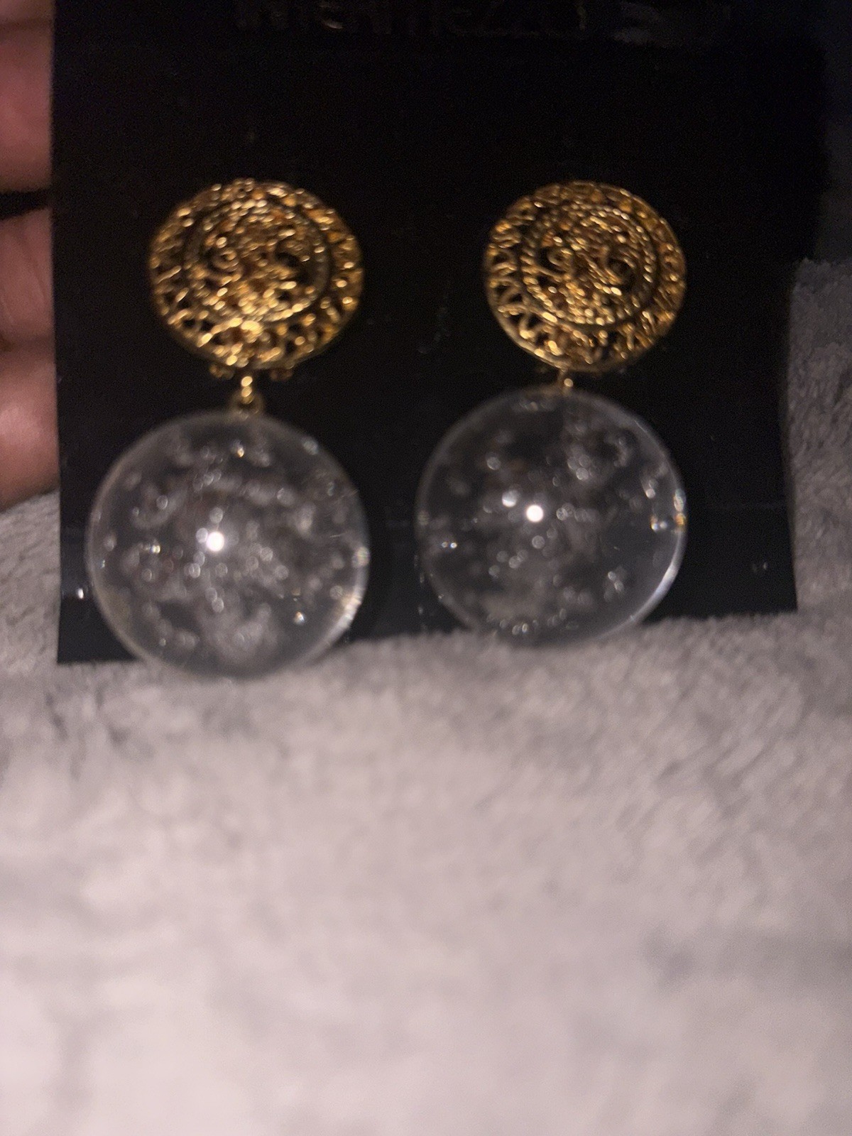 Intermezzo Gold Tone Filigree Round Disc Clear Bubble Dangle Earrings vintage