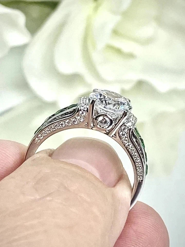 Art Deco Style Lab Created Diamond Emerald Engagement 14K White Gold Finish Ring