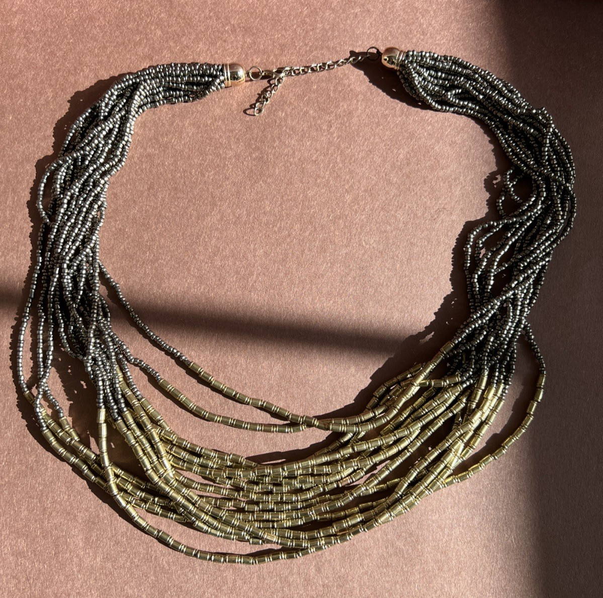 Metallic Multi Strand Seed Bead And Bar Bead Necklace 21″ + 2″