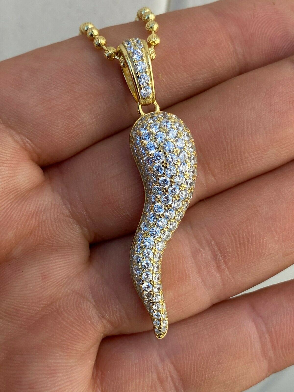 Real 925 Silver/14k Gold Plated Cornicello Italian Horn Pendant Necklace Iced CZ