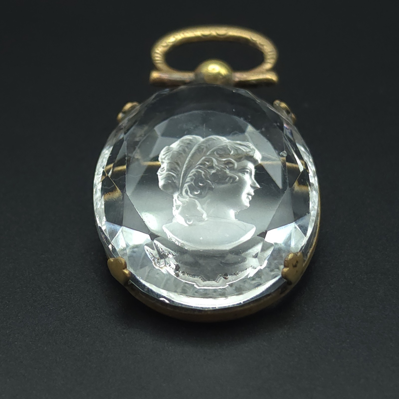 Antique Victorian Reverse Carved Crystal Intaglio Cameo Brooch Pendant Classical