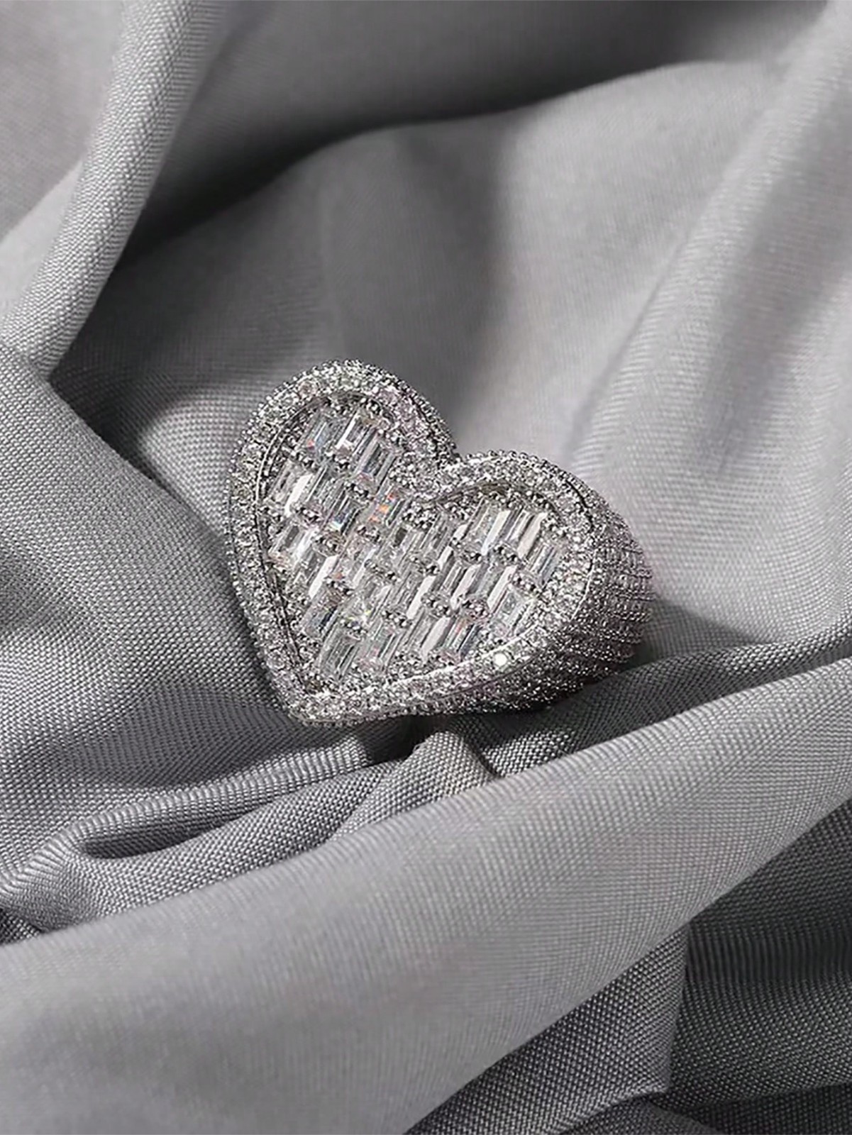 Womens Iced Out Heart Shaped Ring Adjustable Bling CZ Statement Jewelry Gift