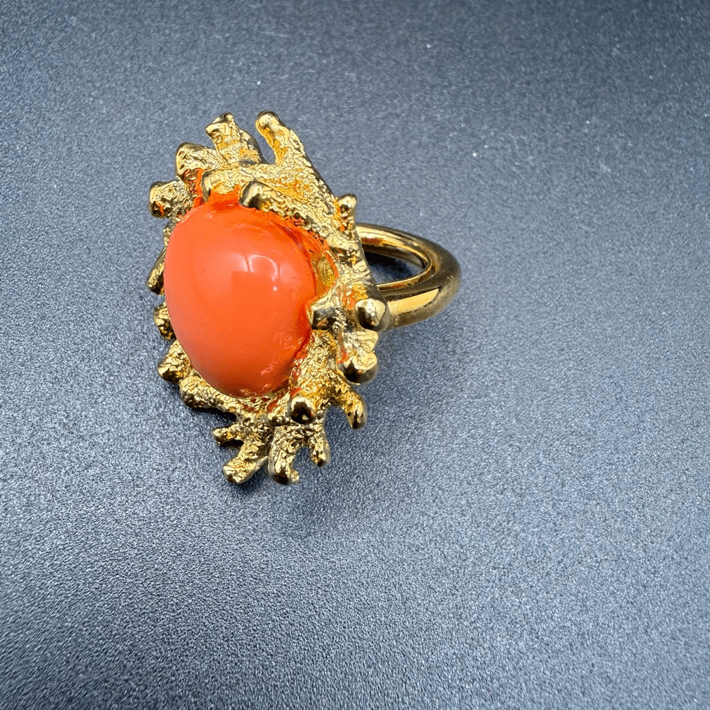 Kenneth Jay Lane coral reef adjustable ring orange gemstone set in gold New sz 6