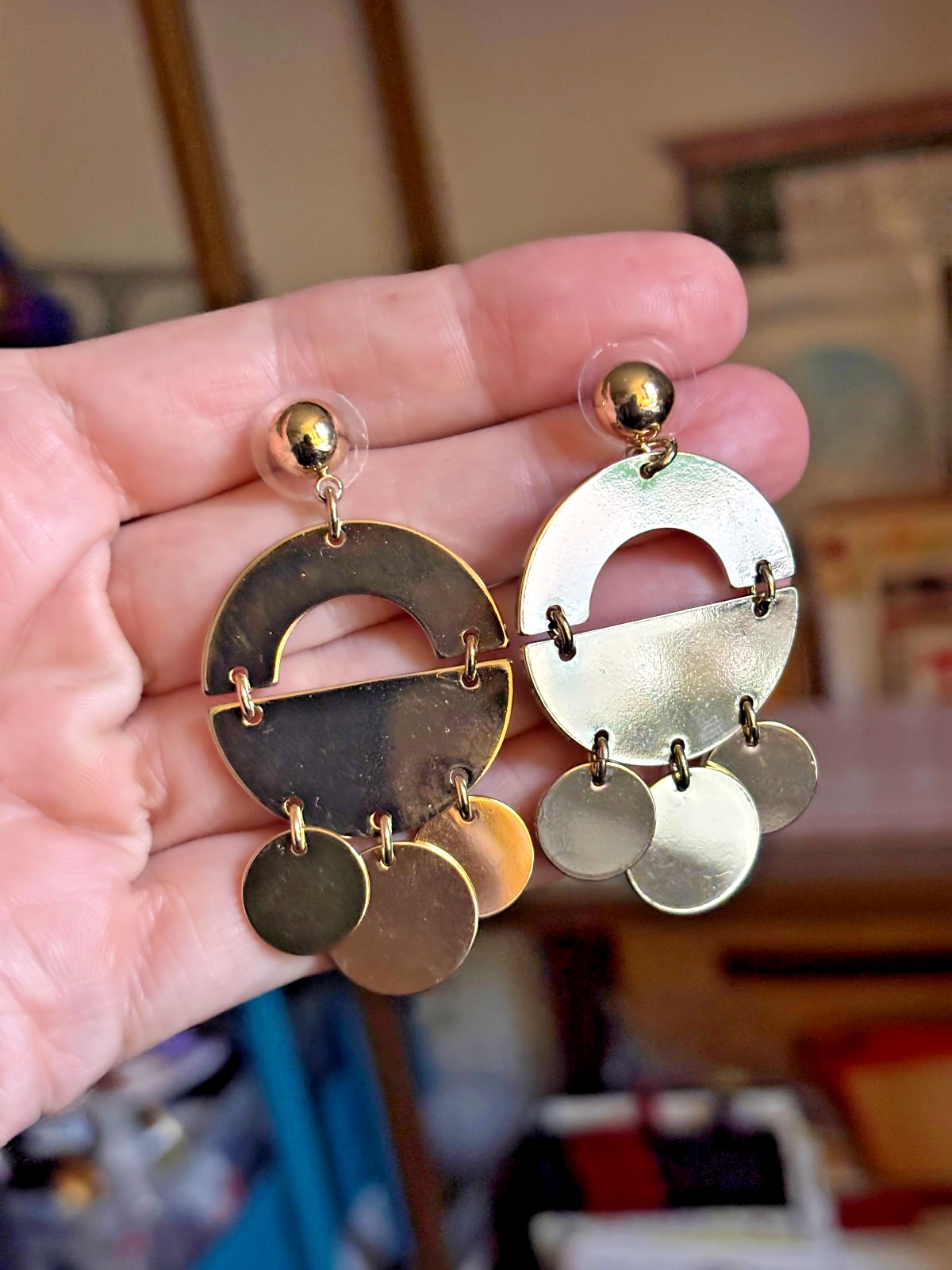 Earrings Gold Tone Geometric Disc Chandelier Crescent Drop Ball Stud Statement