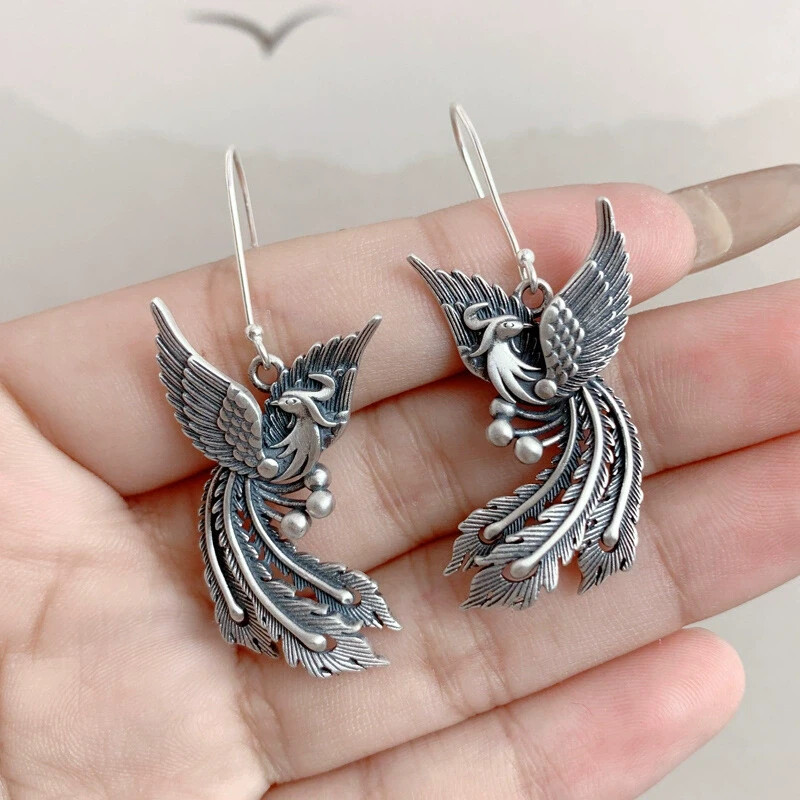 925 Silver Plated Phoenix Earrings for women Tassel Dangle Drop Jewelry Gift