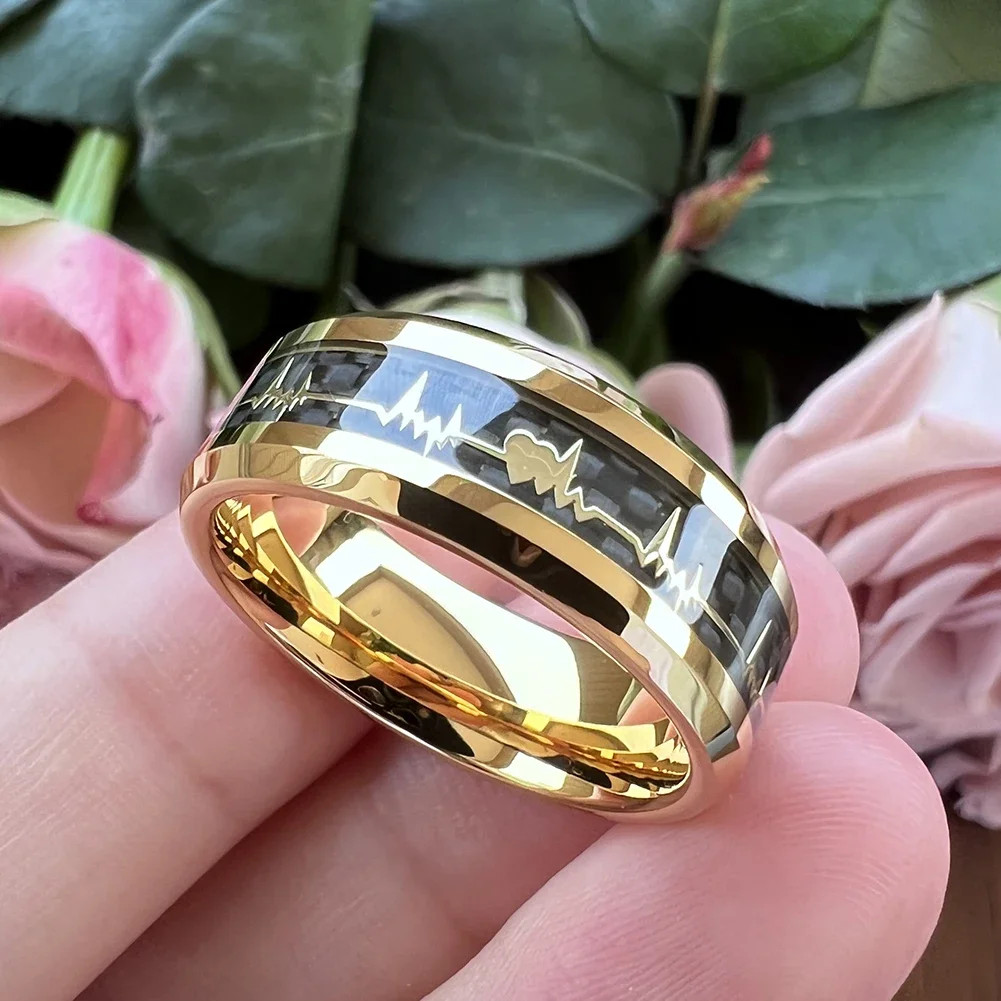 8mm Carbon Fiber Heart Inlay Tungsten Carbide Wedding Band Ring Men Jewelry