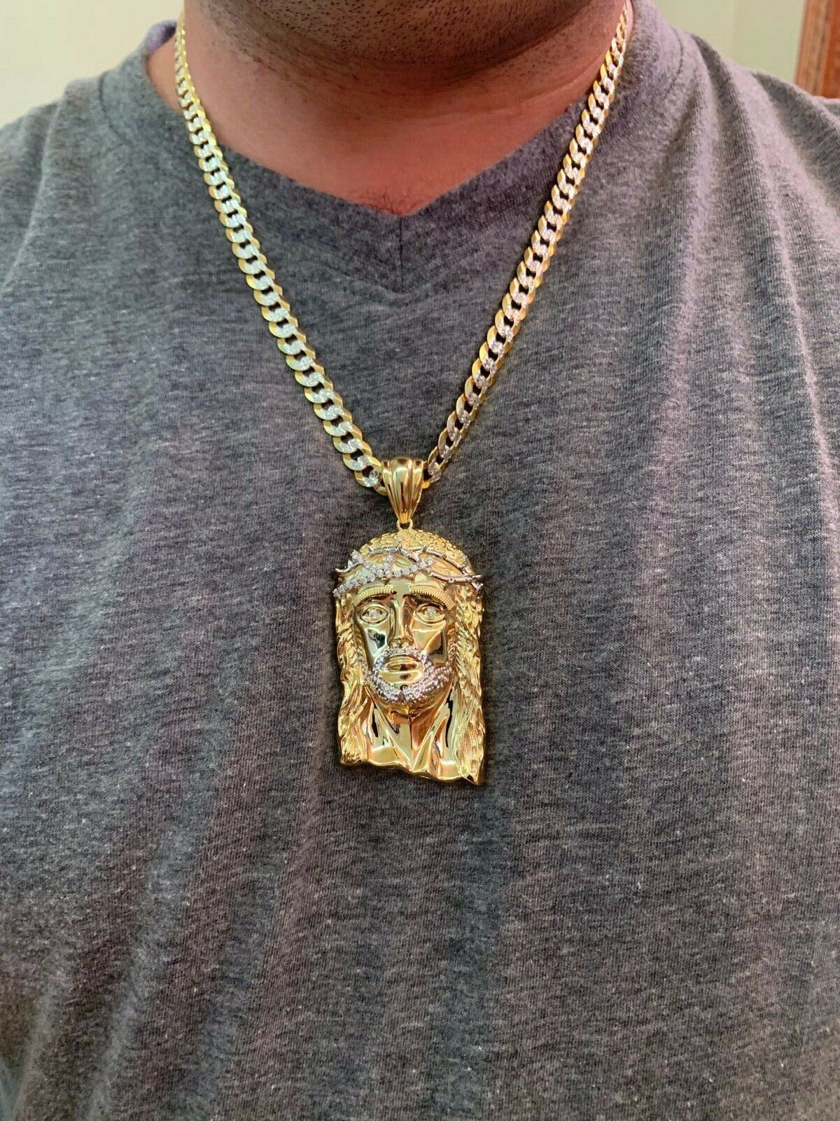 Solid 925 Silver 14k Gold Plated Jesus Piece ITALY Necklace HIP HOP Real Iced