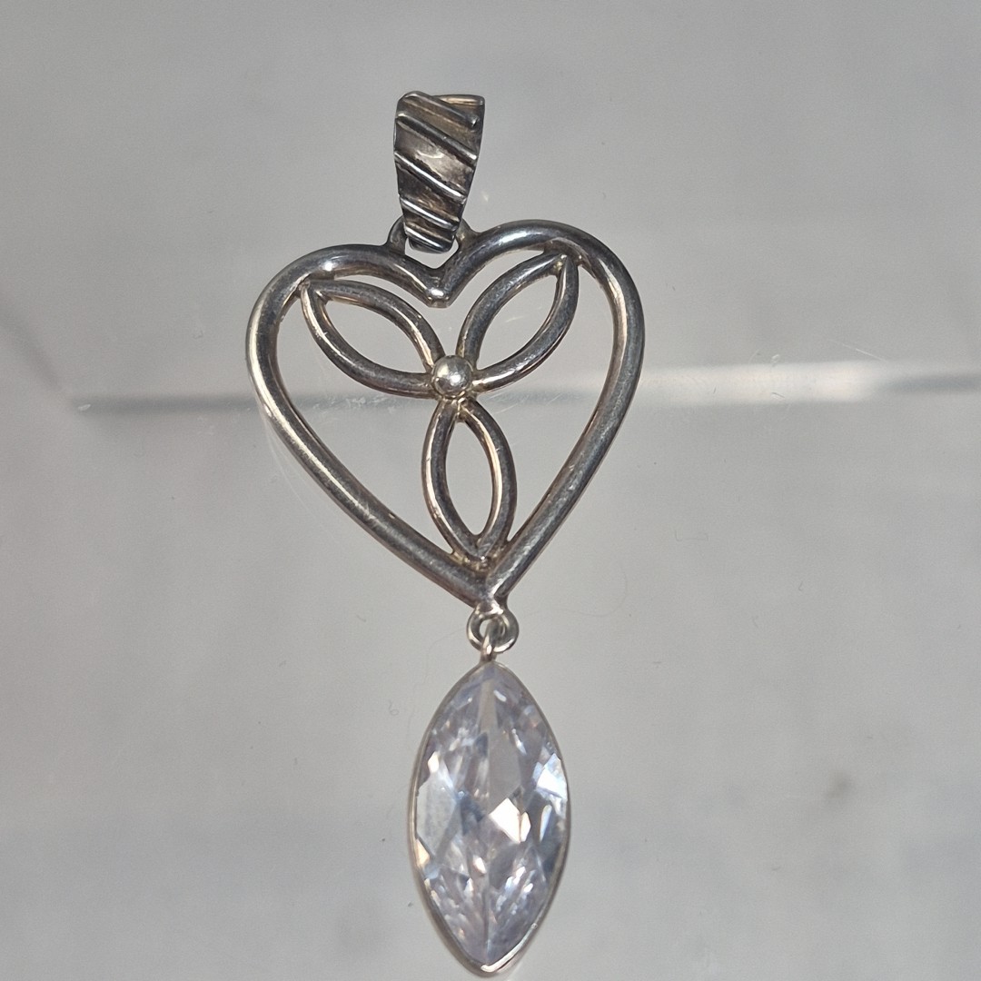 Modern Sterling Silver 925 Heart Clover Marquise Clear CZ Large Pendant
