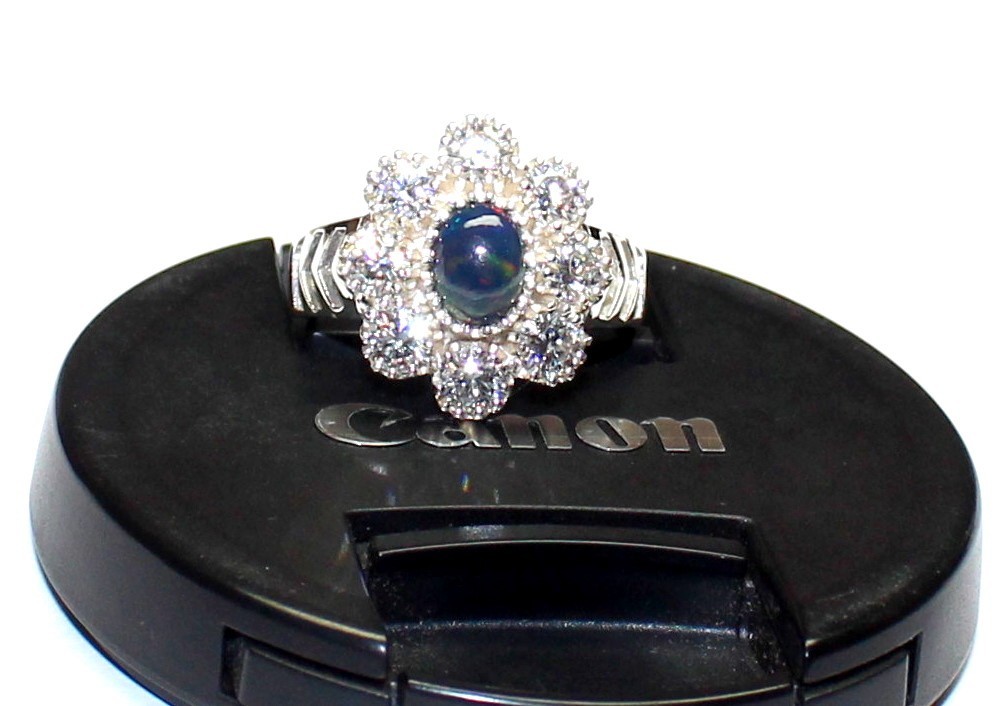 Black Opal Ring, Sparkle Moissanite 925 Silver Ring, Unique Engagement Jewelry