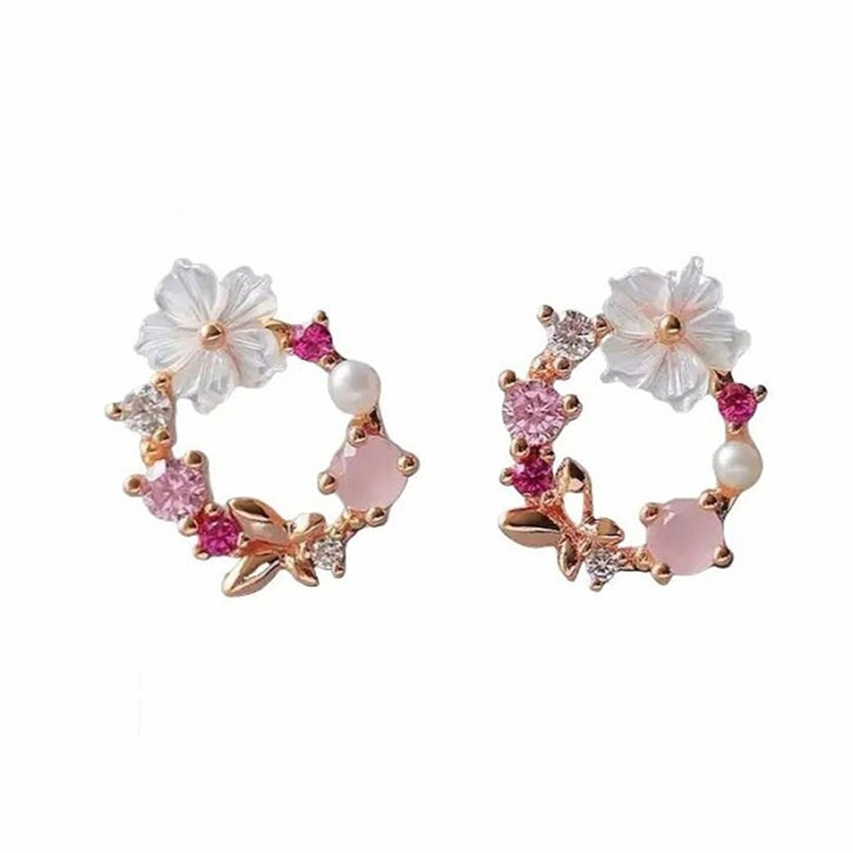 Natural Pearl Crystal Flower Post Earrings Rose Gold Butterfly Stud Earrings