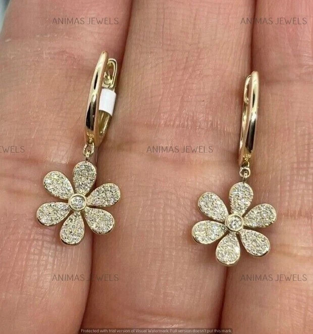 1 CT Round Real Moissanite Flower Drop & Dangle Earrings 14K Yellow Gold Plated