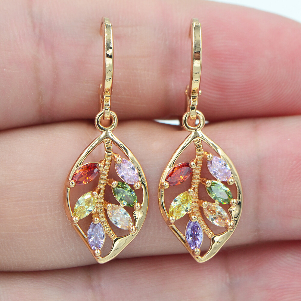 18K Yellow Gold Filled Women Multicolour Topaz Leaf Dangle Earrings Jewelry