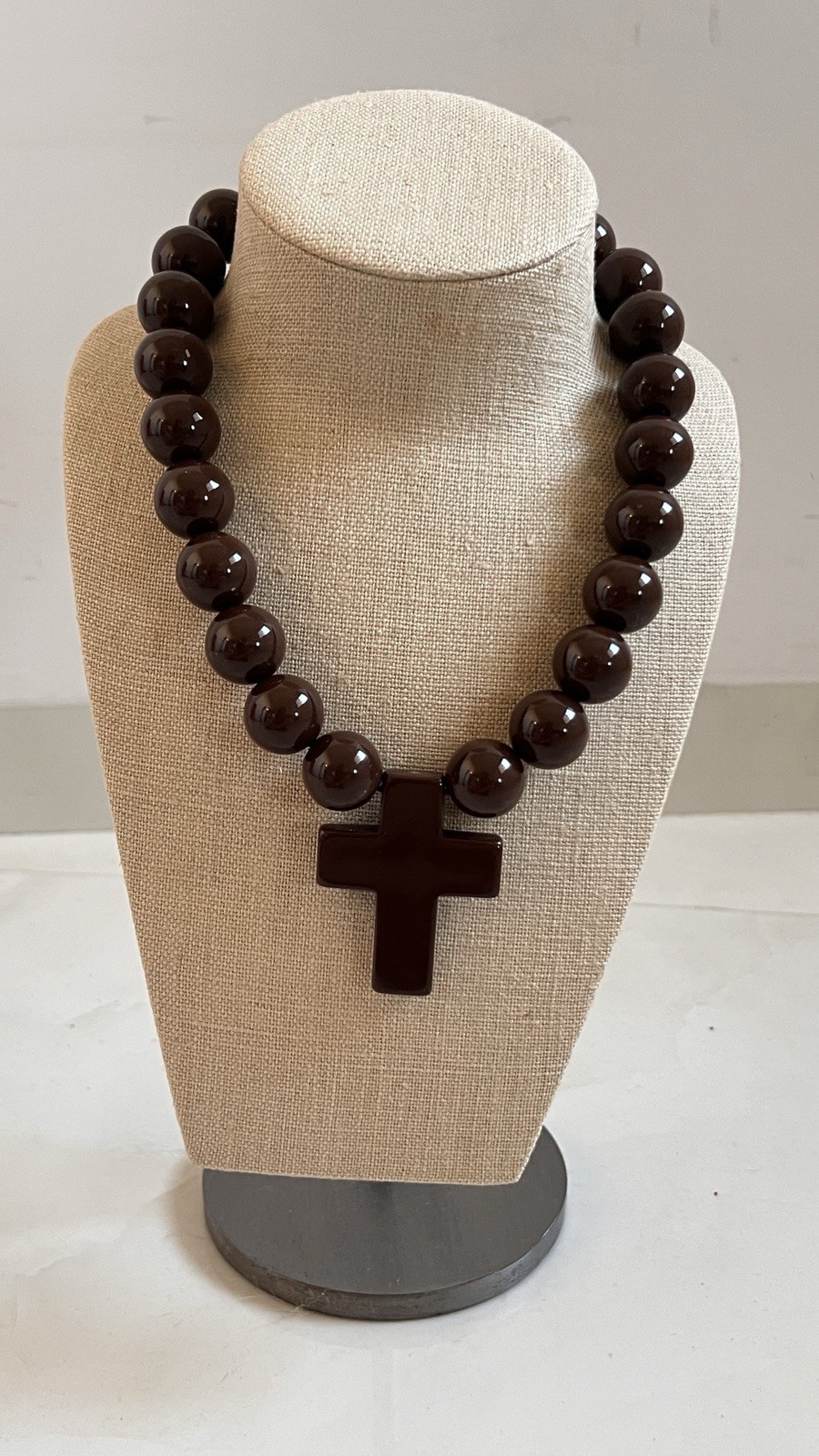 Dudu brown Cross statement necklace glossy resin beads adjustable