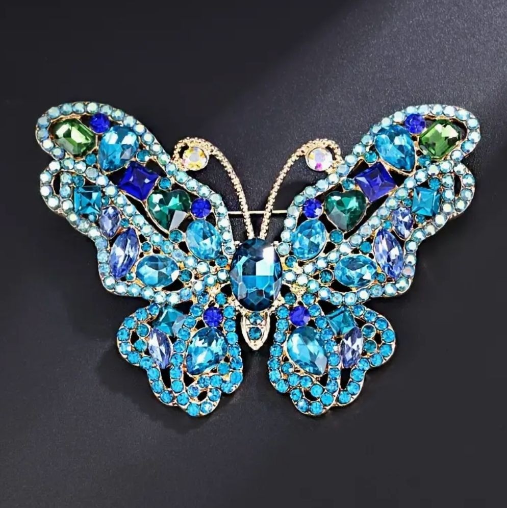 Butterfly Brooch With Iridescent Crystals Blue & Green Gold Tone