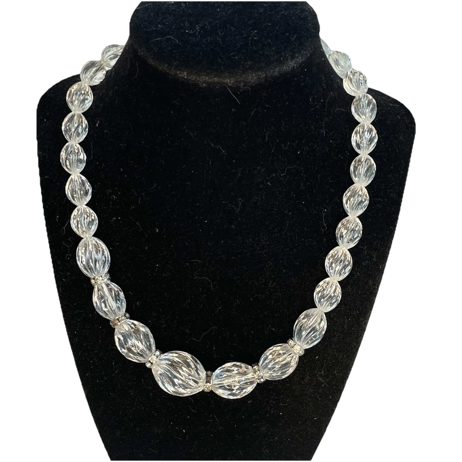Vtg Silver Clear Acrylic Lucite Rhinestone Graduated Bead Necklace Rondel