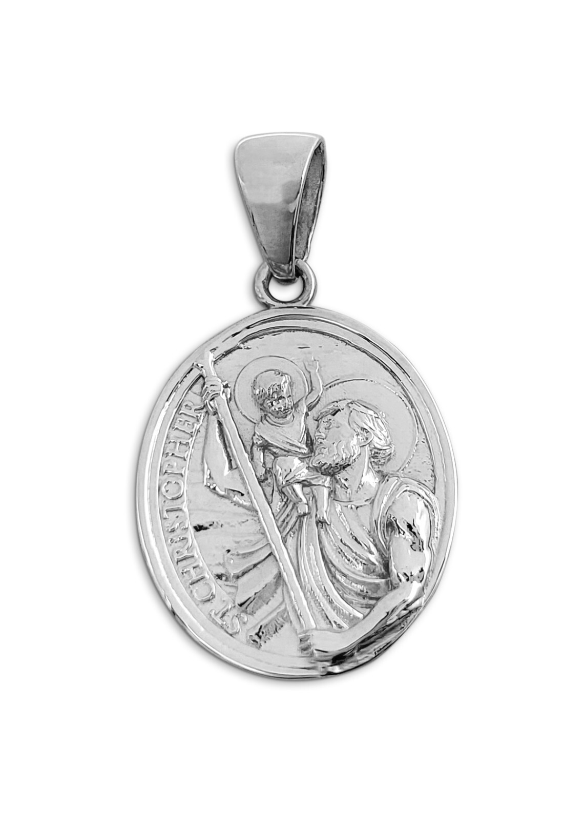 Real 14K White Gold Saint Christopher Pendant, Patron Saint Protective Medallion