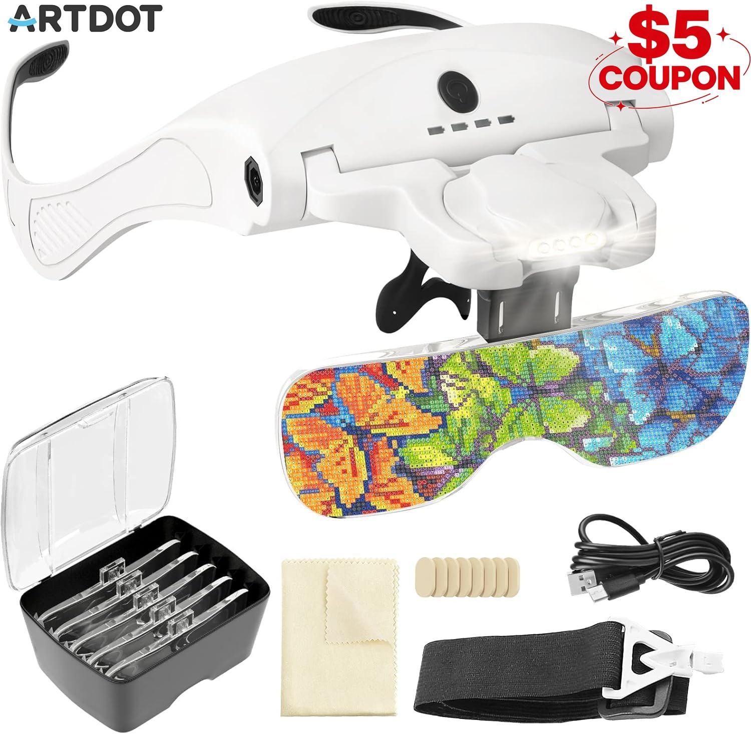 ARTDOT Magnifying Glasses with Light Headband Magnifier Loupe for Jewelers 4 LED