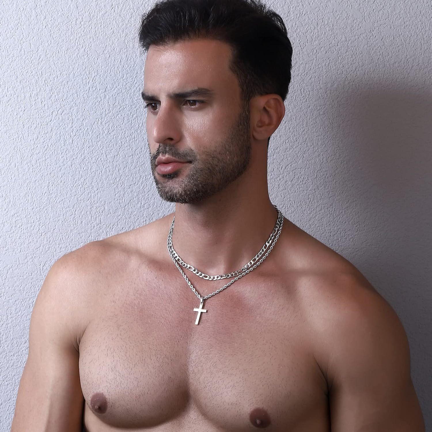 Cross Necklace for Men Boys, Layered Stainless Steel Cross Pendant Figaro Link R