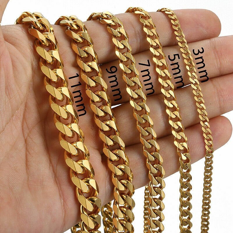 3-11mm Silver/Gold Plated Stainless Steel Cuban Link Necklace Chain Choker 16-24