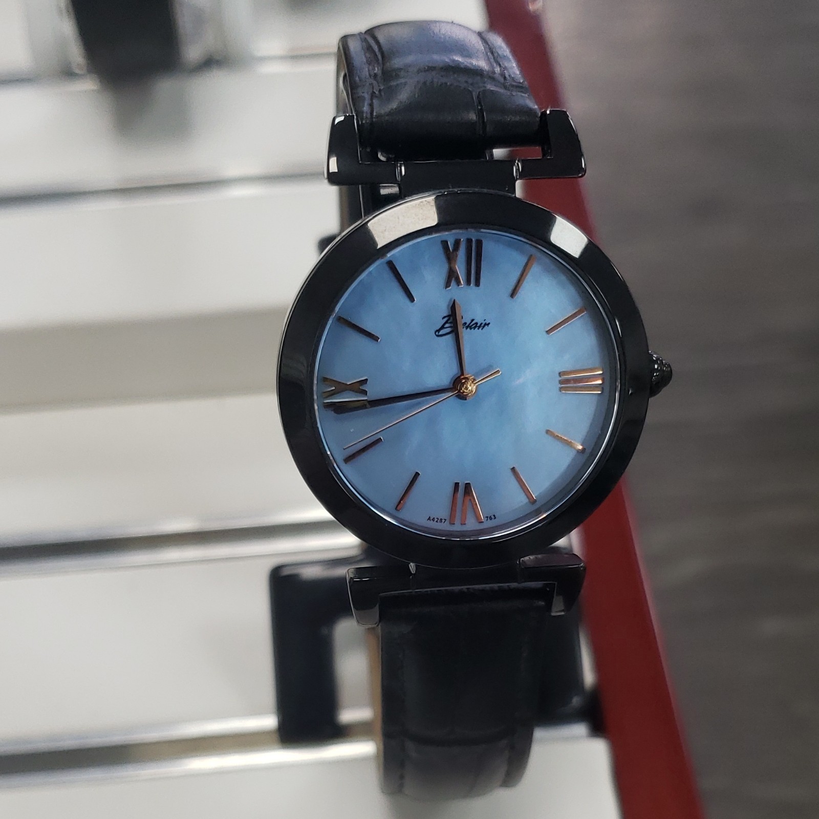 Belair Quartz Analog Wristwatch Blue Dial Black Leather