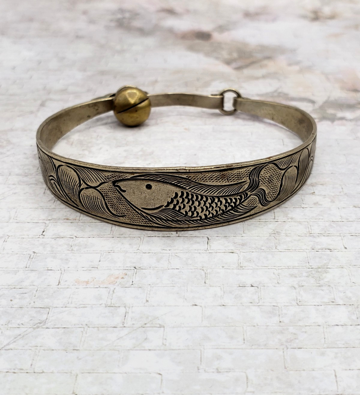 Engraved Fish & Waves Design Cuff Silver Tone Bracelet