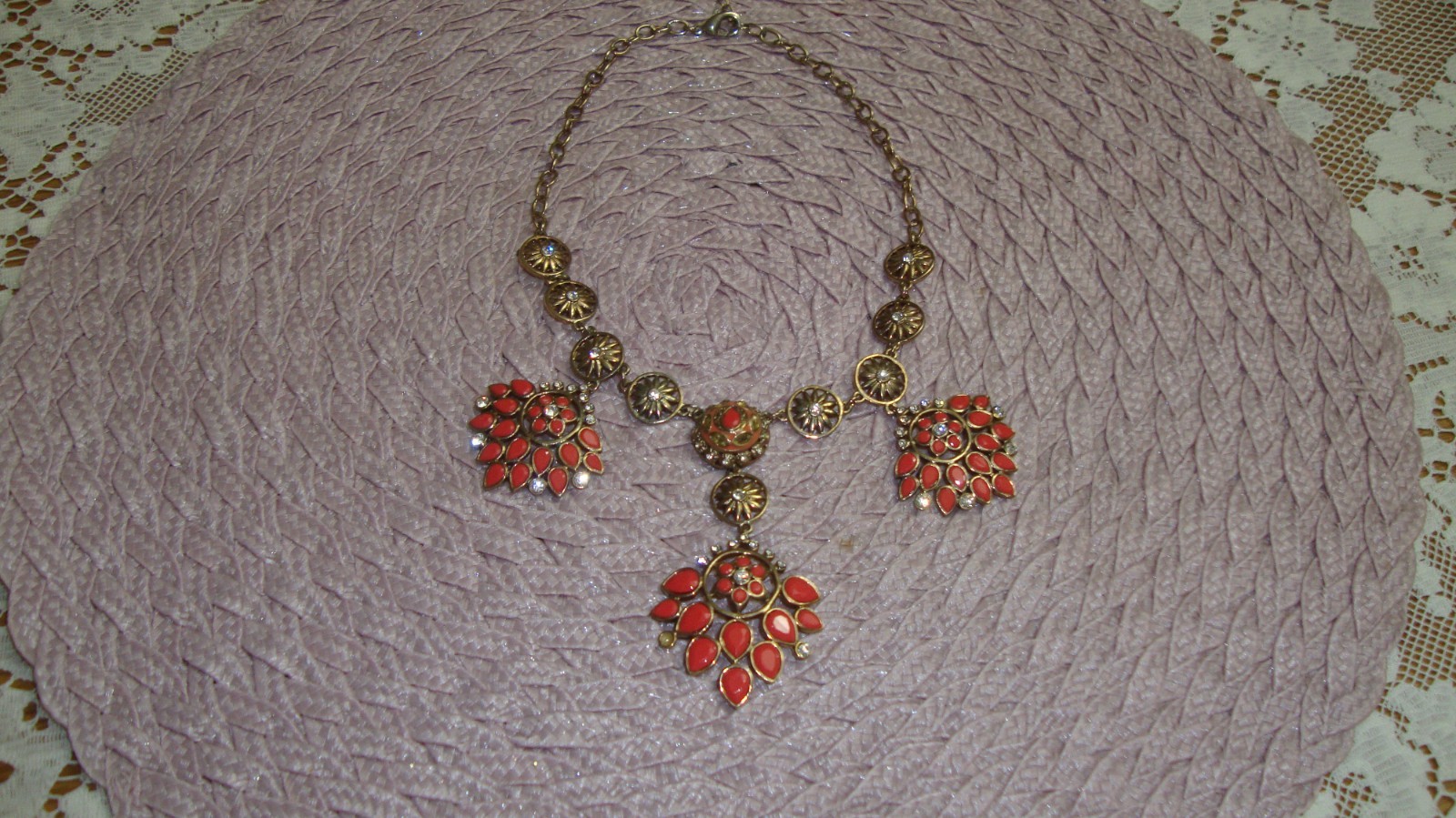 ABS Necklace Orange, Crystal and Gold Tone Costume Jewelry Beautiful 18″