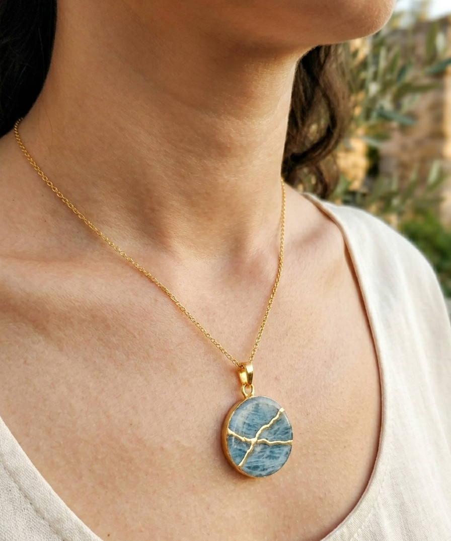 AQUAMARINE NECKLACE KINTSUGI Initial Necklace Gold Engraved Gold Plated Chain