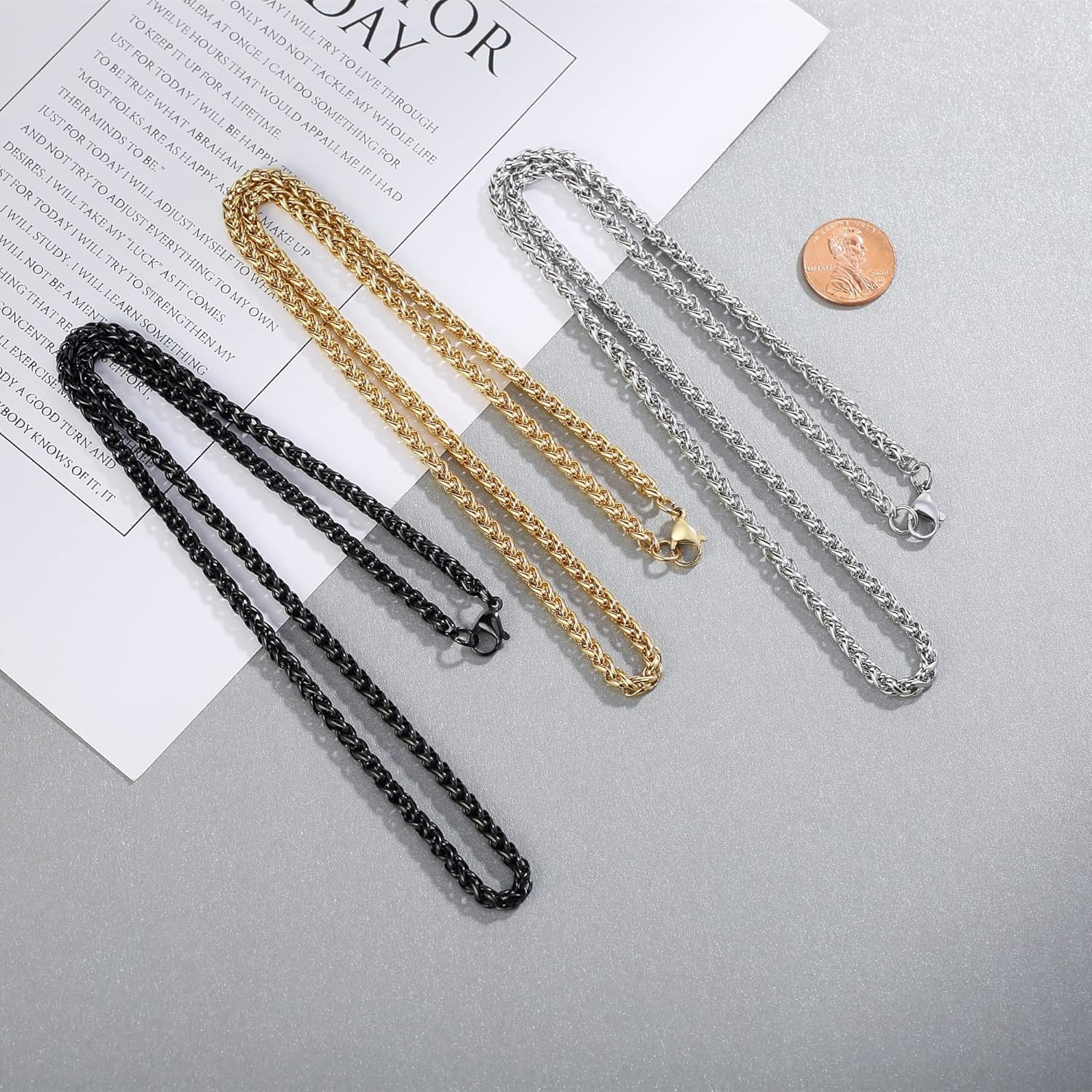 3 Pcs Chain Necklace for Men, 4Mm Stainless Steel Gold Black and Silver Wheat Ch