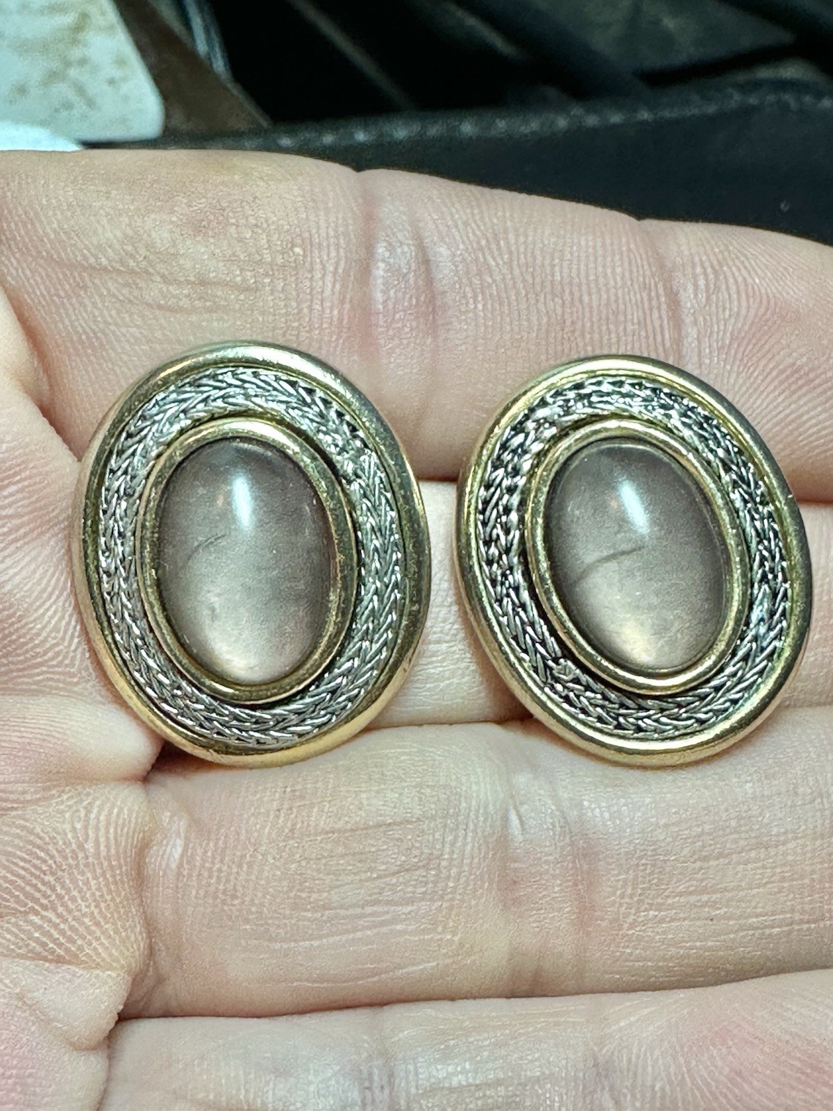 Vintage Gold & Silver Tone Lucite Brown Oval Clip on Earrings