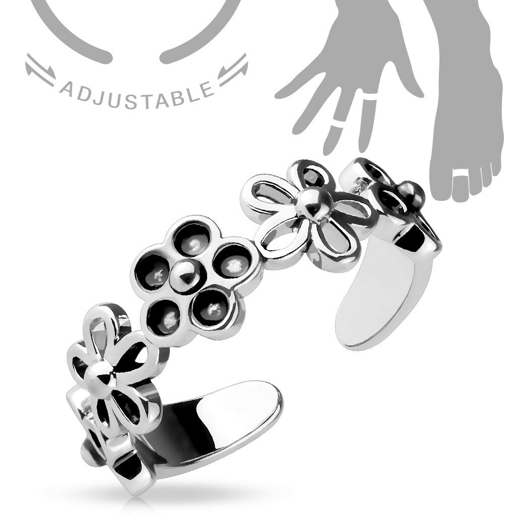 Silver Toe Ring or Mid Ring – Linked 5 Petal Flowers