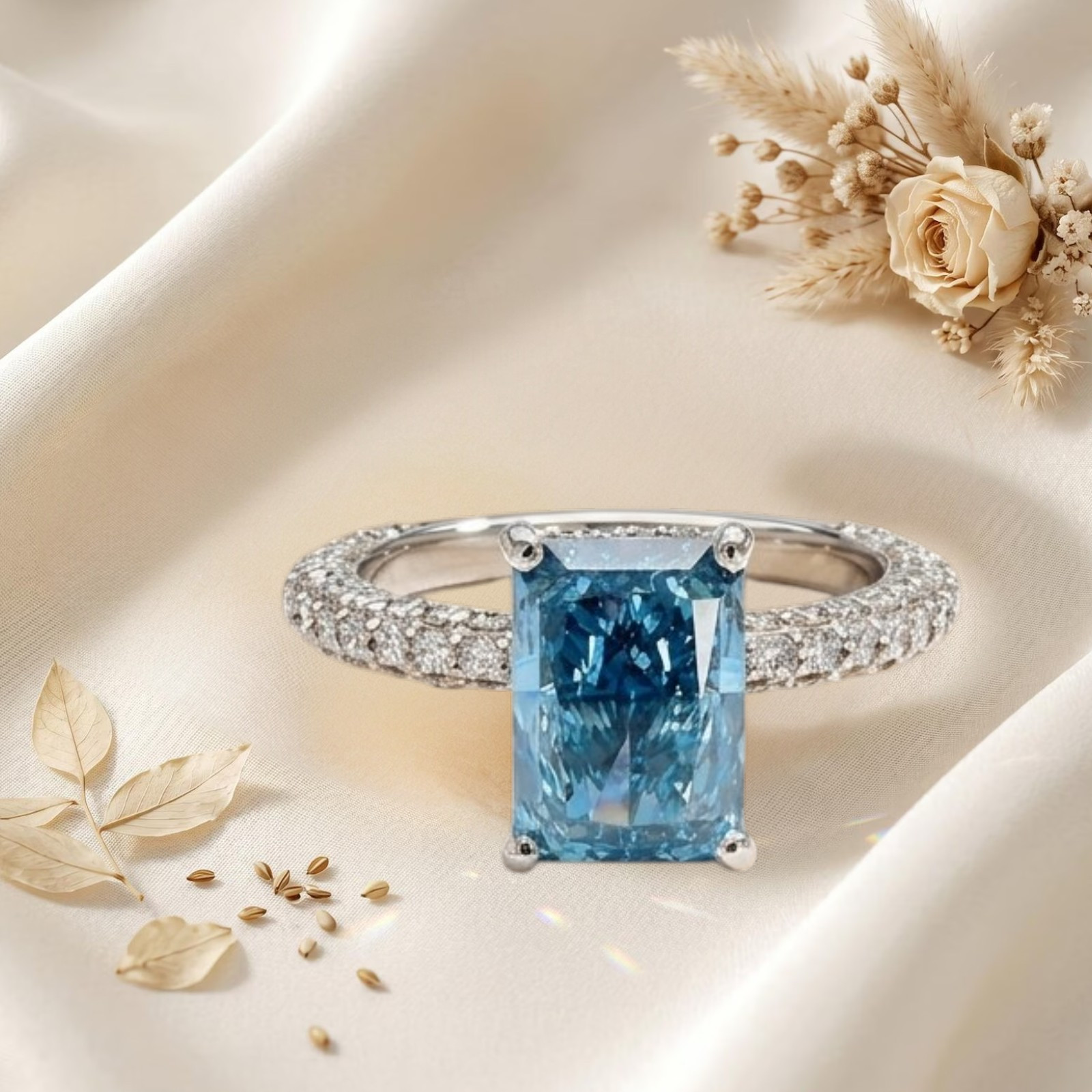 950 Platinum IGI Lab Grown Diamond Ring Fancy Intense Blue 3.50 Ct Radiant Cut