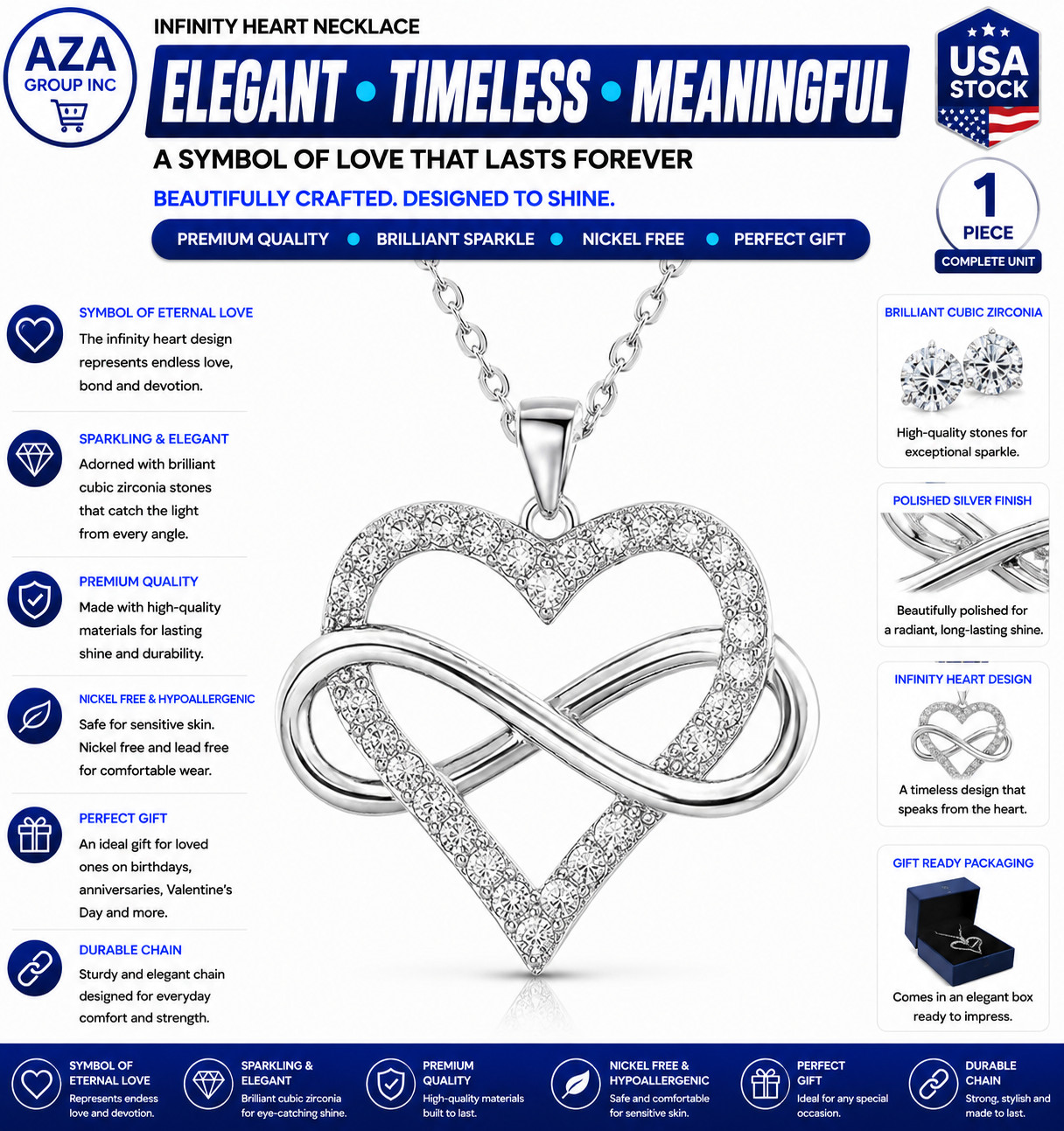 JES & JANI Infinity Heart Necklace for 16″ Chain with 2″ Extender, Silver