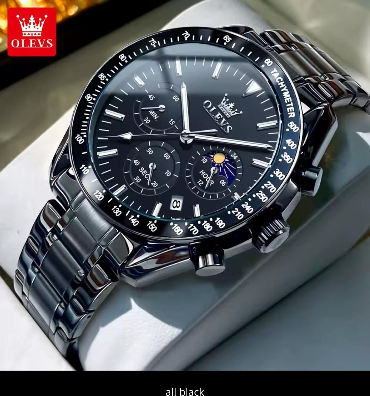 Men’s OLEVS Chronograph Watch – Moon Phase, Tachymeter Bezel, Stainless Steel