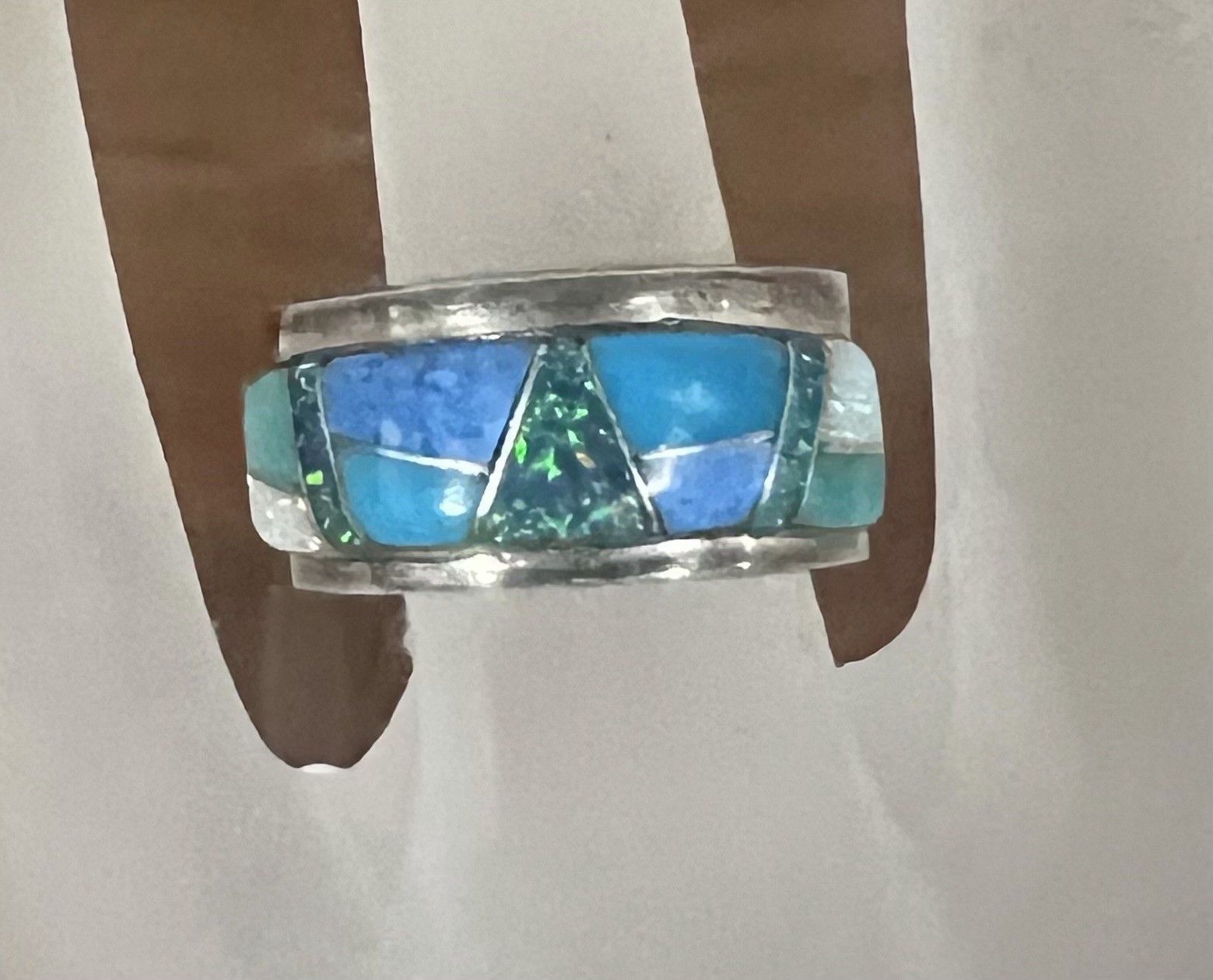 Blue Opal Inlay Navajo 647 “ An Angle Number” Sterling Silver Ring Size 8.25