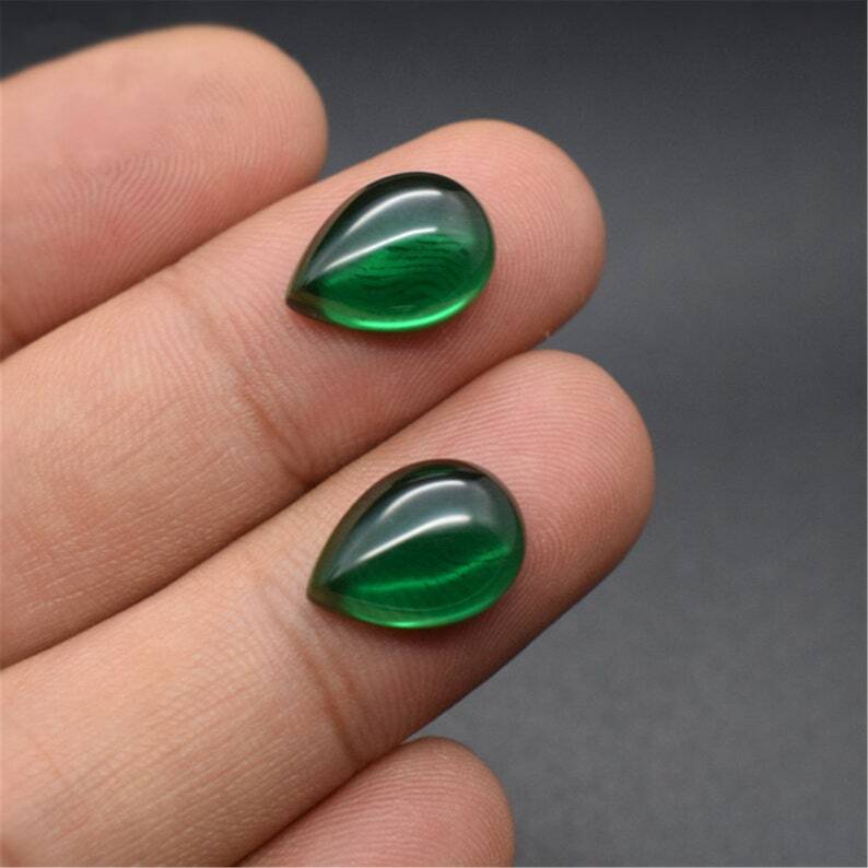 AAA Green Emerald Pear Flat Back Cabochon Synthetic Loose Gemstone Calibrated