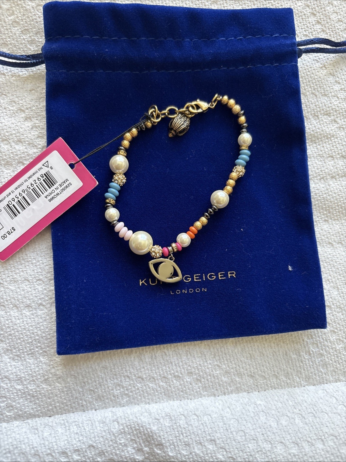 Kurt Geiger LondonBoho Evil Eye Charm Pearl Strand Line Bracelet Multi Color New