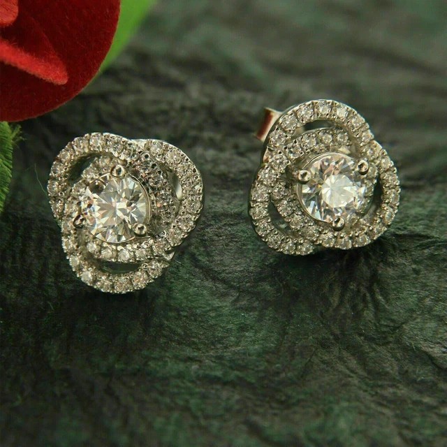 2 Ct Round Lab Created Diamond Cluster Knot Stud Earrings 14K White Gold Plated