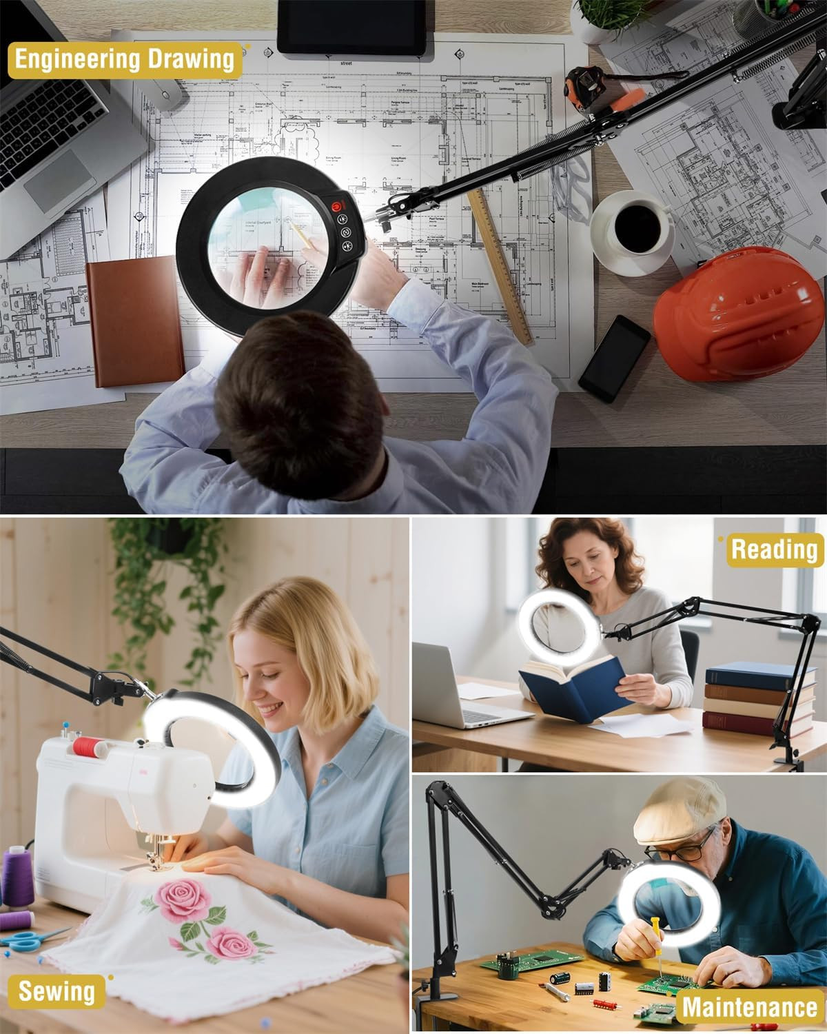 12X Magnifying Glass with Light and Clamp, Ultra Long 3 Section Swing Arm LED De