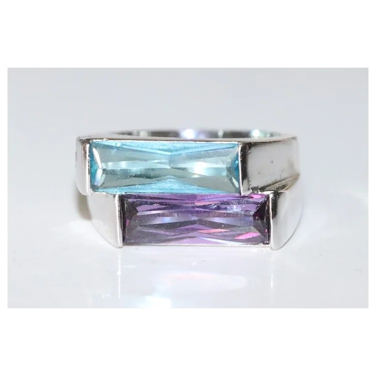 Sterling Silver Faceted Radiant Cut Blue Topaz Amethyst Ring